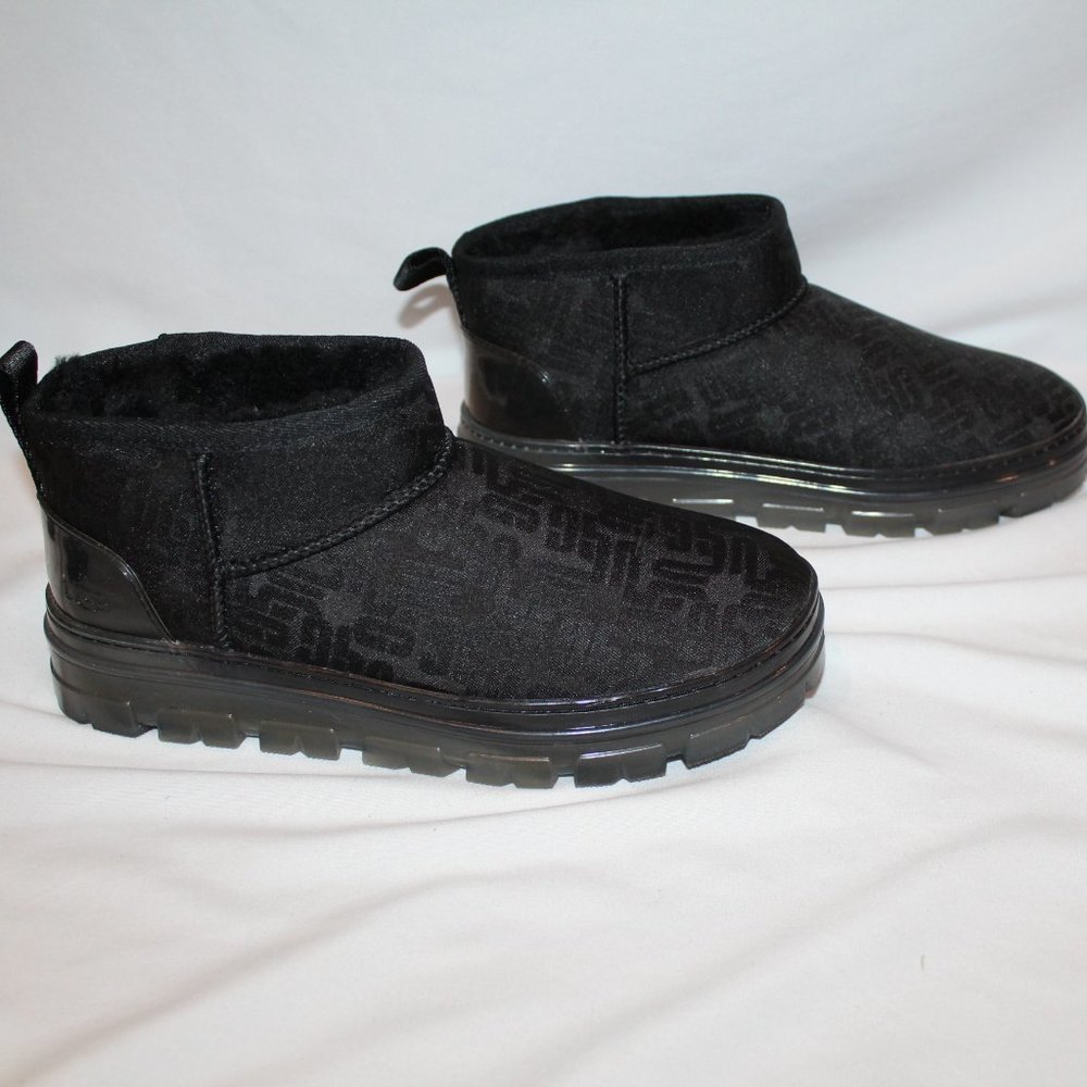NEW UGG WOMEN'S ULTRA MINI ALL OVER LOGO PLATFORM ANKLE‎ BOOTS BLACK